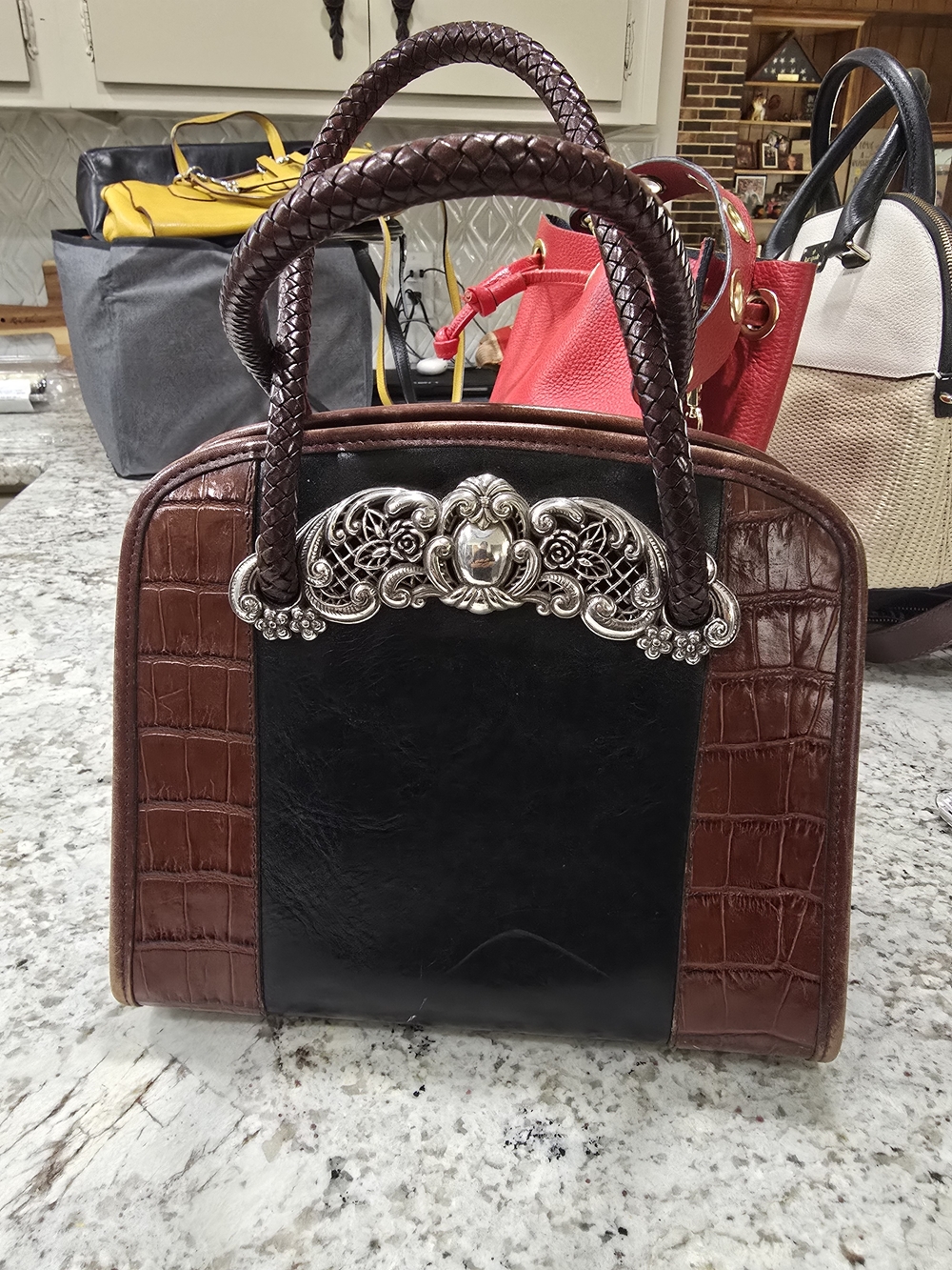 Brown and Black Leather Top-Handle Satchel with Silver Filigree Accent